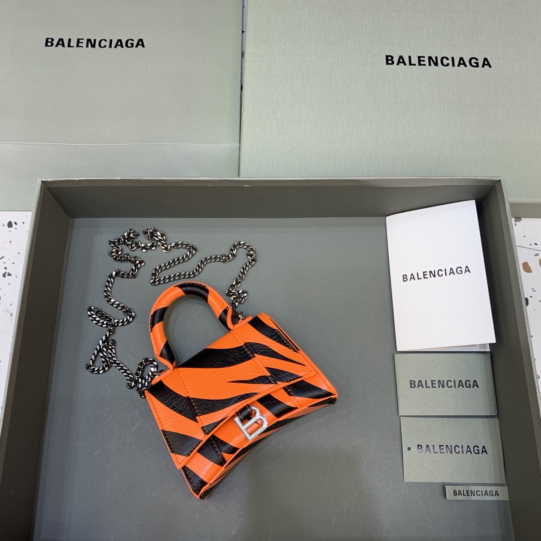 Balenciaga Hourglass Mini Handbag With Chain Calfskin Shoulder Bag Orange